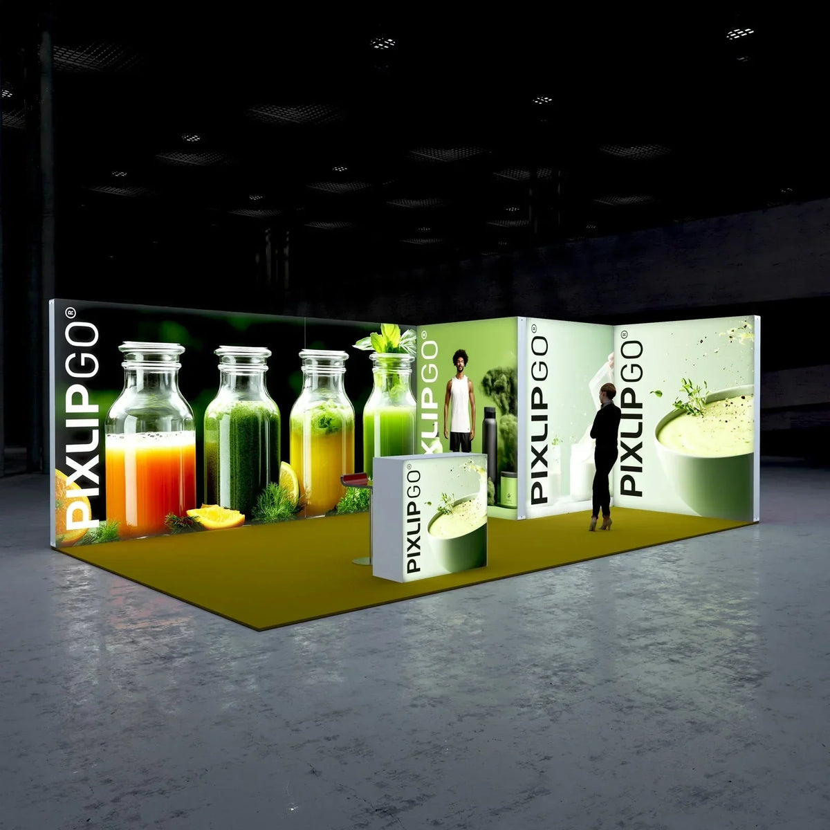3D-Visualisierung des PIXLIP Messestands M-22 aus GO Lightboxen mit Getränke-Motiv
